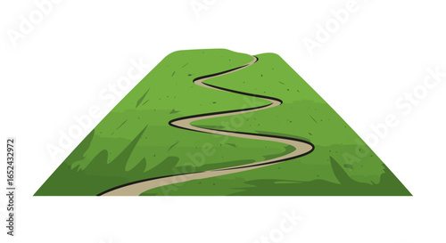 Green mountain with a winding brown path leading to the top under a clear white sky