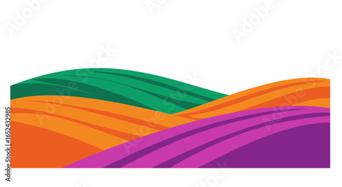 Colorful rolling hills of green orange and purple dominate