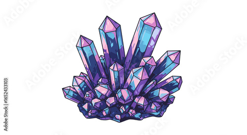A geode cluster with purple and blue crystals growing on a dark irregular base