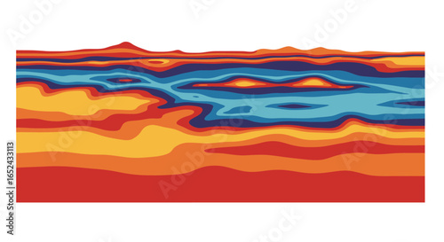 Striated illustration displays colorful land layers and blue water bodies