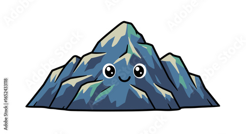 Cartoon mountain with cute eyes and a smile set against a clean white background