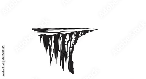 A jagged darkcolored cliff with sharp protrusions hanging down set against a stark white background