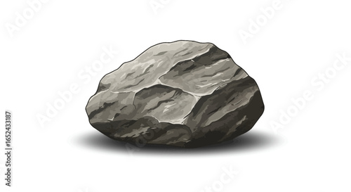 Gray bouldershaped rock rests on a white surface with a shadow displaying various textures