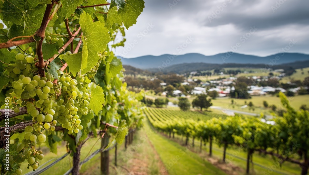 Naklejka premium Vineyard with white grapes in the foreground, rows of grapevines stretching into hills and mountains,