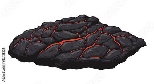 A mass of dark rocks with bright red cracks running through them casting a shadow