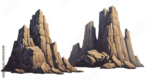 Two clusters of jagged rocky formations stand against a plain white backdrop