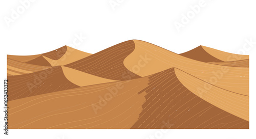 Desert landscape with rolling sand dunes textured with lines under a clear sky