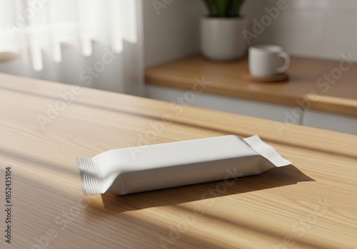 Blank white protein bar wrapper mockup on a wooden kitchen table with natural sunlight.