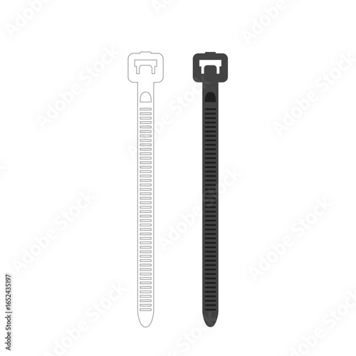 Plastic zip tie fastener, black and outline version. Vector illustration