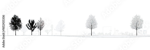 Side view black and white silhouette of various tree species in landscape design illustration with playground and garden elements in white stroke fill vector line drawing