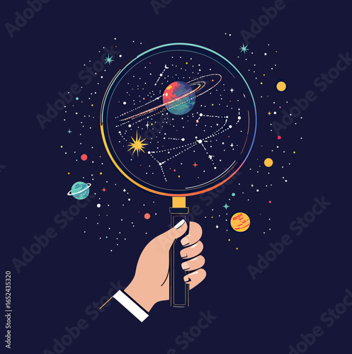 Human hand holding magnifying glass with illustrated planets, stars, constellations, and space elements in cosmic astronomy concept vector illustration