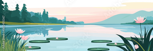 Serene lake with lotus flowers and lily pads reflecting calm water surrounded by distant forest and mountains under soft pastel sky vector illustration