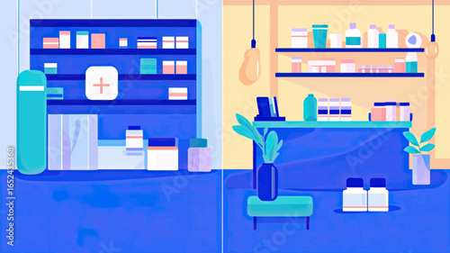 Modern pharmacy interior with medicine shelves, medication bottles, health care products, and counter in flat minimalist vector style illustration
