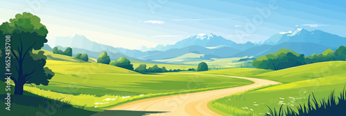 Curved dirt road through vibrant green meadow valley with scattered trees rolling hills and distant snow capped mountains under clear blue sky minimalist vector landscape