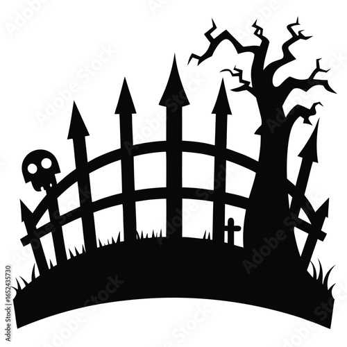 Black Silhouette of Fence with Skull and Tree on Hill