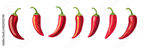 Set of red chili peppers in various angles with green stems isolated on white background flat minimalist vector illustration for food and spice concepts