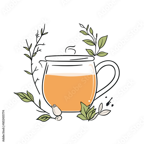 Transparent glass cup filled with herbal tea surrounded by green leaves and botanical plants in minimalist flat vector style illustration for healthy beverage concept