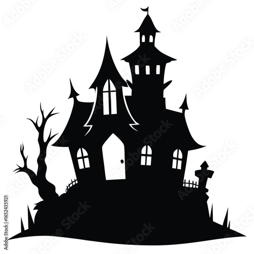Silhouette of a spooky haunted house with a dead tree and tombstone halloween scary