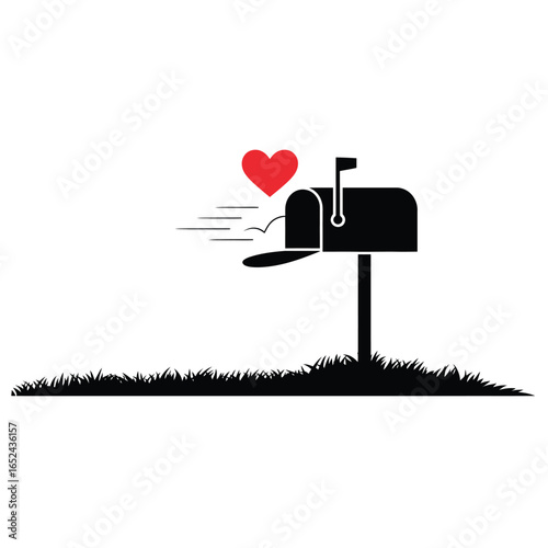 Black and white vector of mailbox transformed into heart shape, emotional delivery, love mail, romantic letters, and heartfelt messages