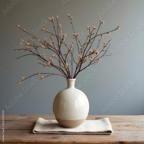 ome interior. Dry twigs branch in beige handcrafted ceramic vase on felted napkin standing on antique wooden table with gray wall behind. Copy space
Home interior. Dry twigs branch in beige handcrafte