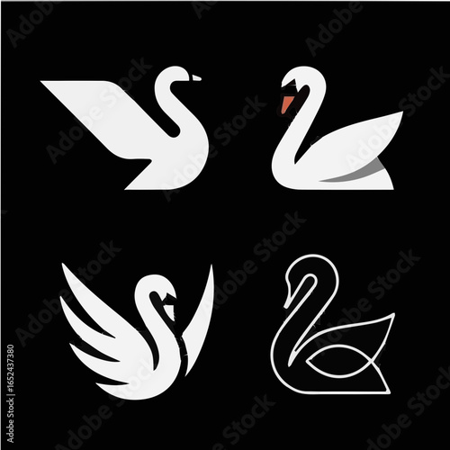 Elegant white swan icons showcase grace and beauty in modern design styles