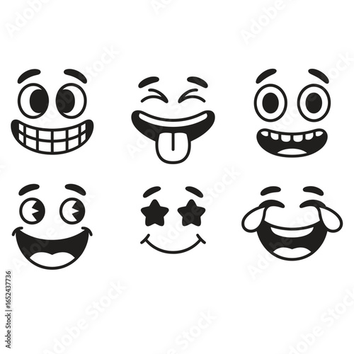Black and white vector set of cartoon emojis including big toothy grin, giggle, tongue out, rolling eyes, cheeky smile, star eyes and joyful tears