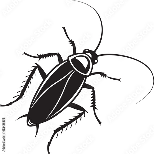 Black silhouette of a cockroach with detailed legs and antennae on a white background insect pest