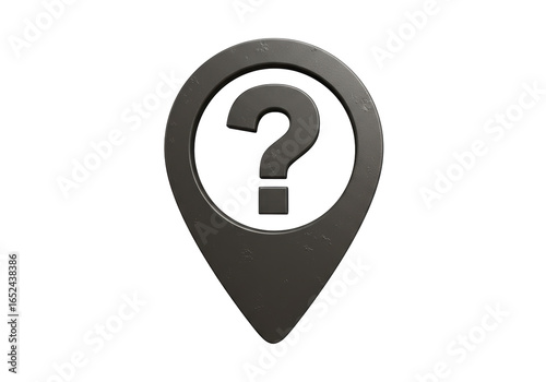 Isolated 3D Dark Textured Map Pin with a Question Mark for Unknown Locations