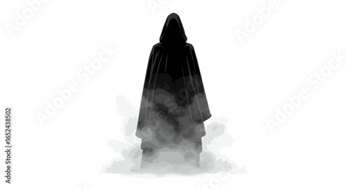 A shrouded figure cloaked in shadow emerges from a cloud of gray smoke