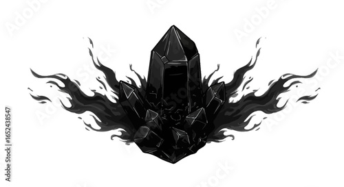 Illustration of a black crystal cluster with smokelike emanations on a white background