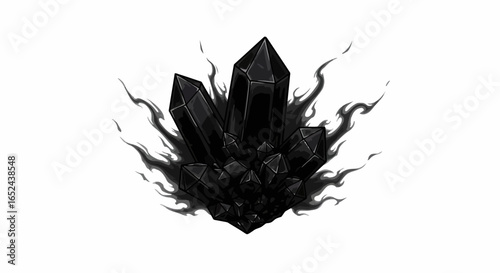 Black crystal cluster encircled by dark flowing smoke or shadows