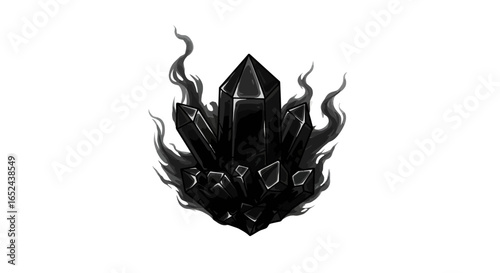 Black crystals cluster encircled by smoky wisps on a stark white backdrop