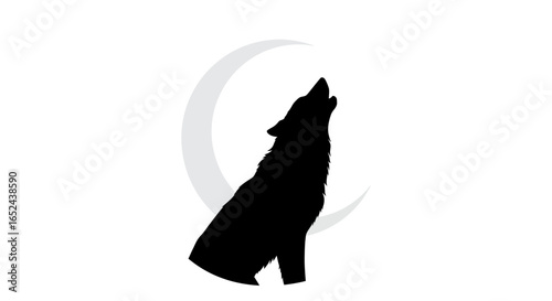 Black silhouette of a wolf howling with a crescent moon behind it on a white background