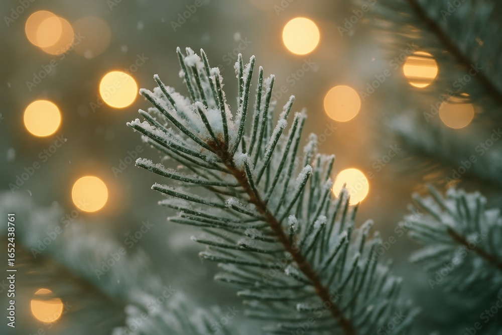 Ethereal frosted evergreen branches with golden bokeh lights creating magical winter wonderland atmosphere for holiday marketing Ethereal frosted evergreen branches with golden bokeh lights creating magical winter wonderland atmosphere for holiday marketing