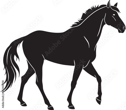 Black silhouette of a horse with flowing mane and tail walking gracefully white animal