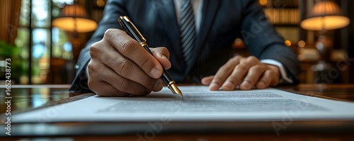 Businessman signing a contract on a luxury desk with a fine pen