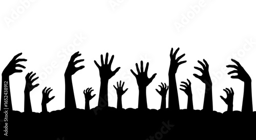 Black silhouettes of hands rising likely from the ground against a white background