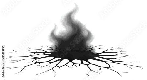 Gray smoke rising from cracked ground with a network of branching fissures extending outwards
