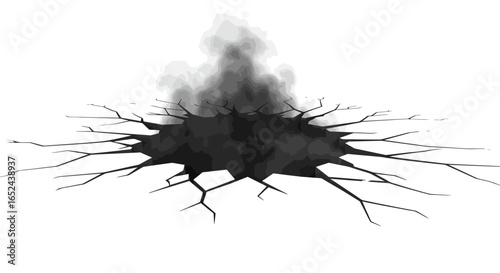 Dark hole surrounded by cracks with dark smoke emanating from it