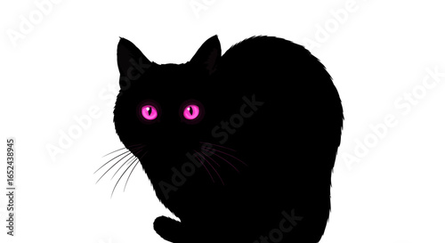 A black cat with bright pink eyes is hunched down looking slightly to the left