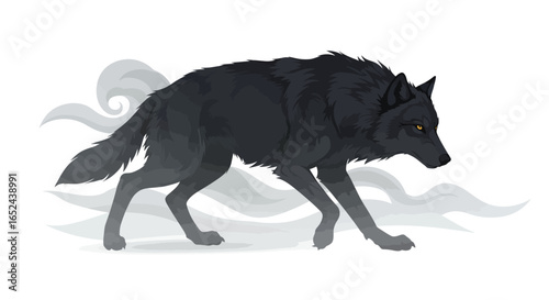 A gray wolf walks through fog with its head lowered and yellow eyes visible