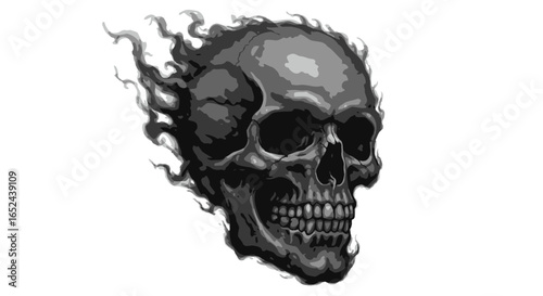 Grayscaled skull engulfed by smoky trails revealing teeth
