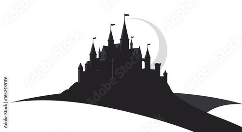 Silhouette of castle with moon many towers flags on a hill