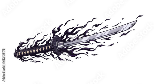 A gray katana sword surrounded by wisps of dark smoke or shadow