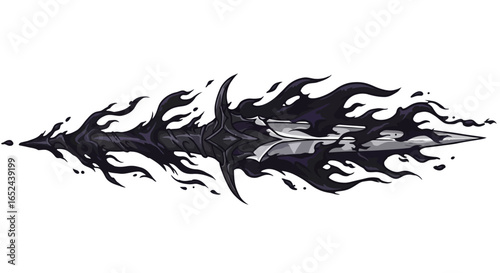 Pixel art depicts a dagger engulfed in dark swirling smoke against a white background
