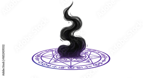 Dark smoke rises from a purple summoning circle on white