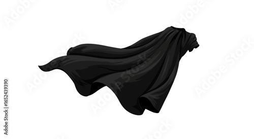 A flowing black cape is depicted against a white background seemingly caught in midmotion