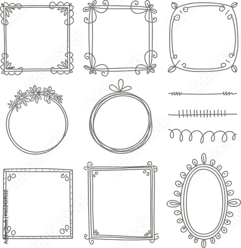 Collection of handdrawn frames and borders on transparent background, oval, square