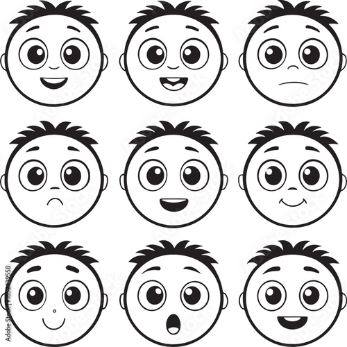 Nine cartoon faces showing different emotions and expressions in black and white happy