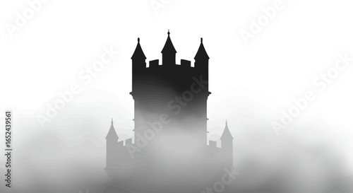 Castle silhouette shrouded in mist turrets rising above layered fog